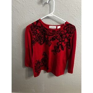Alfred Dunner Sweater Womens Red Black 3/4 Sleeve‎ Round Neck Size PS